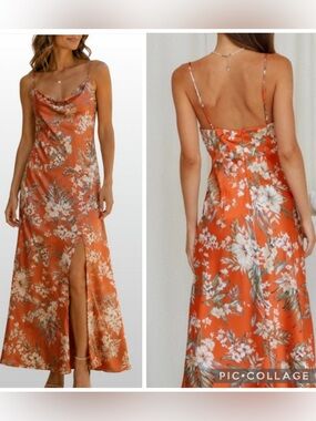 Paper Heart- Satin Floral Cowl Maxi Cocktail Dress in Orange w/ a high split